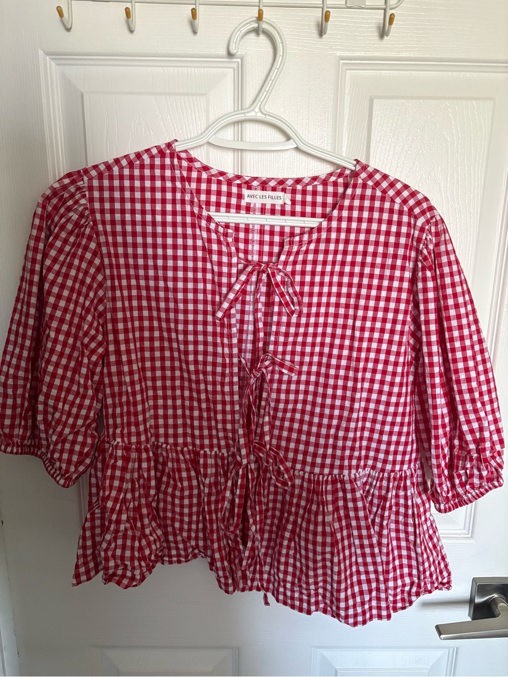 Avec Les Filles Red and White Gingham Tie-Front Peplum Blouse